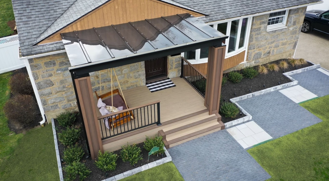 Covered deck with pergola and outdoor living features